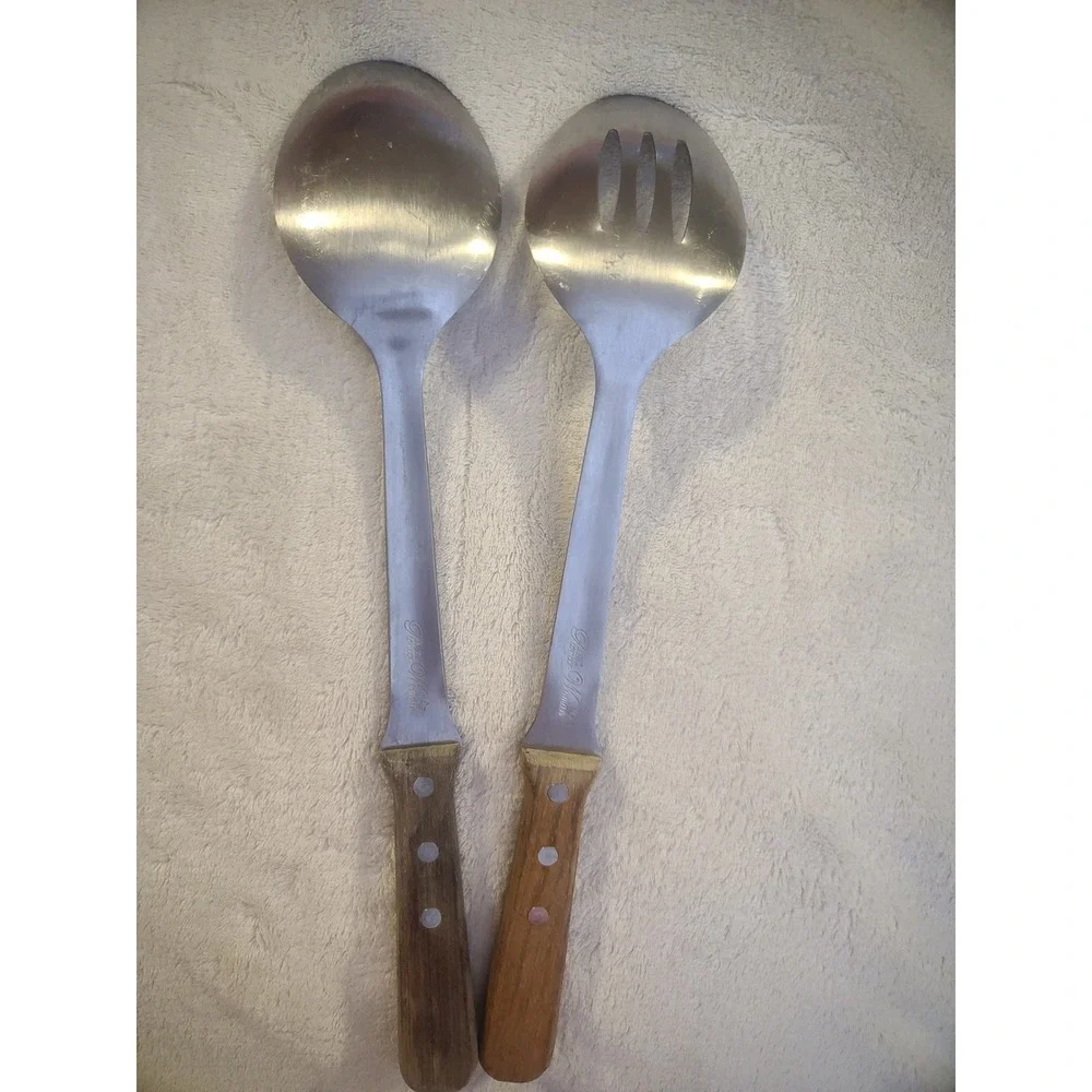 Pioneer Woman Stainless Steel Serving Spoon Set Wood Handle Slotted Solid Logo
